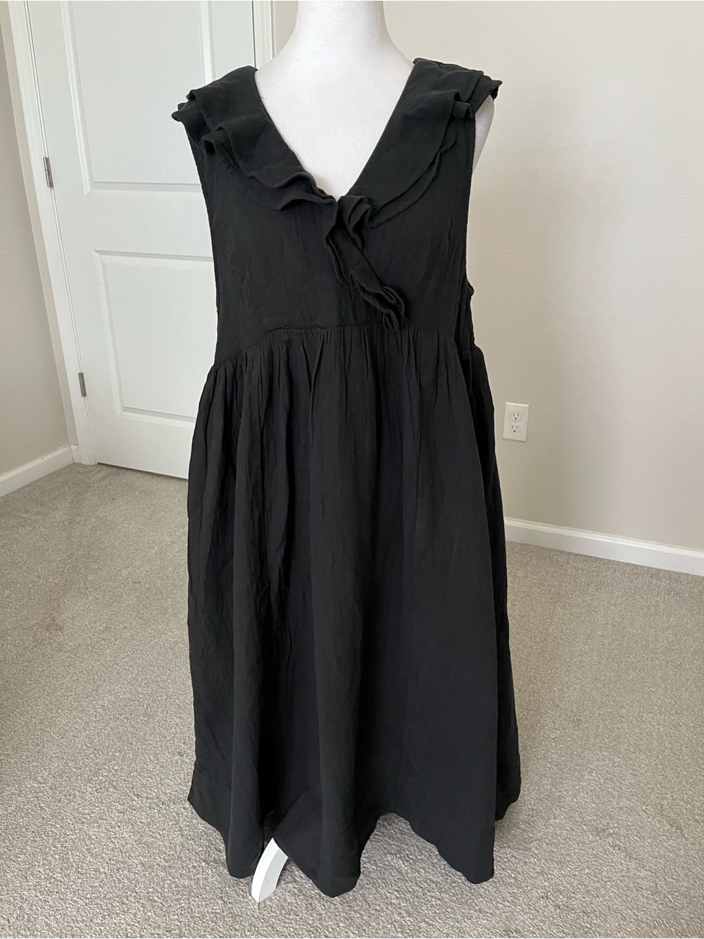 NWT Quince Maternity Organic Cotton Ruffle Front Black Gauze Dress Size XL